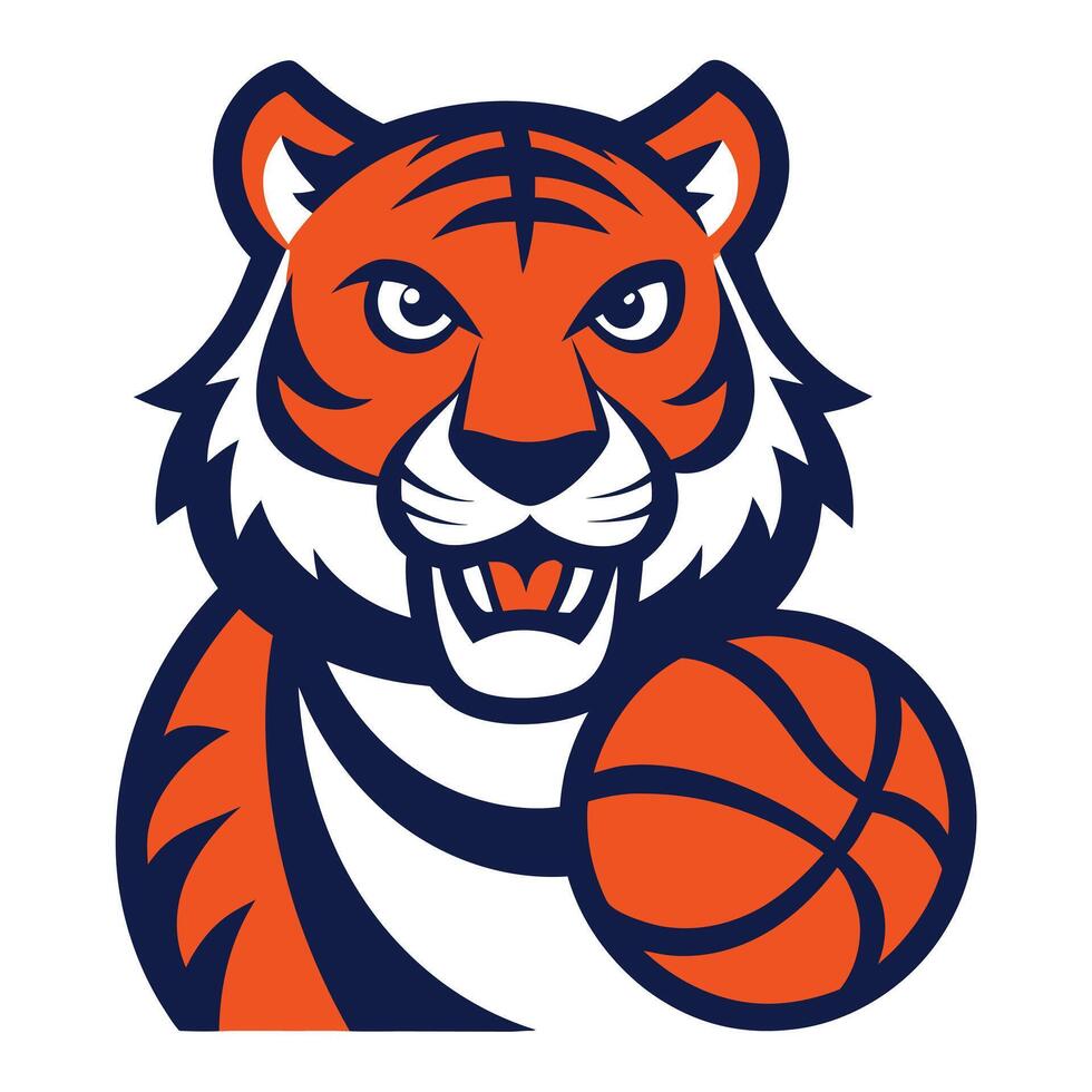 Animated Tiger Holding a Basketball, White Fangs, Orange and Blue on White Background vector