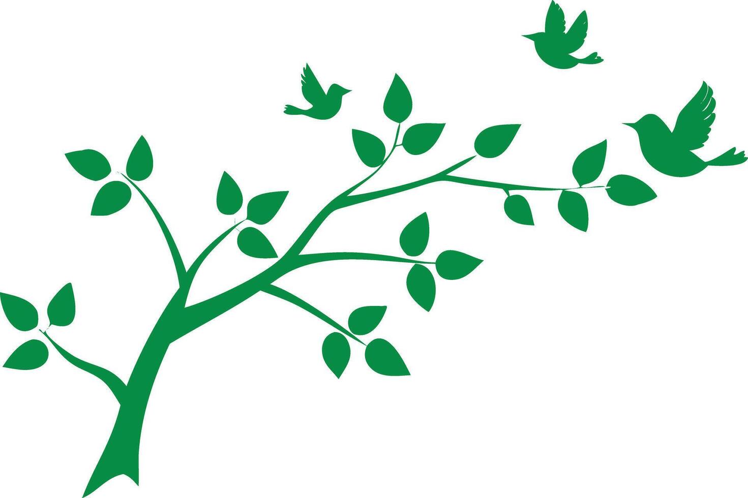 Tree with Leaves and Birds Silhouettes on a White Background Design vector
