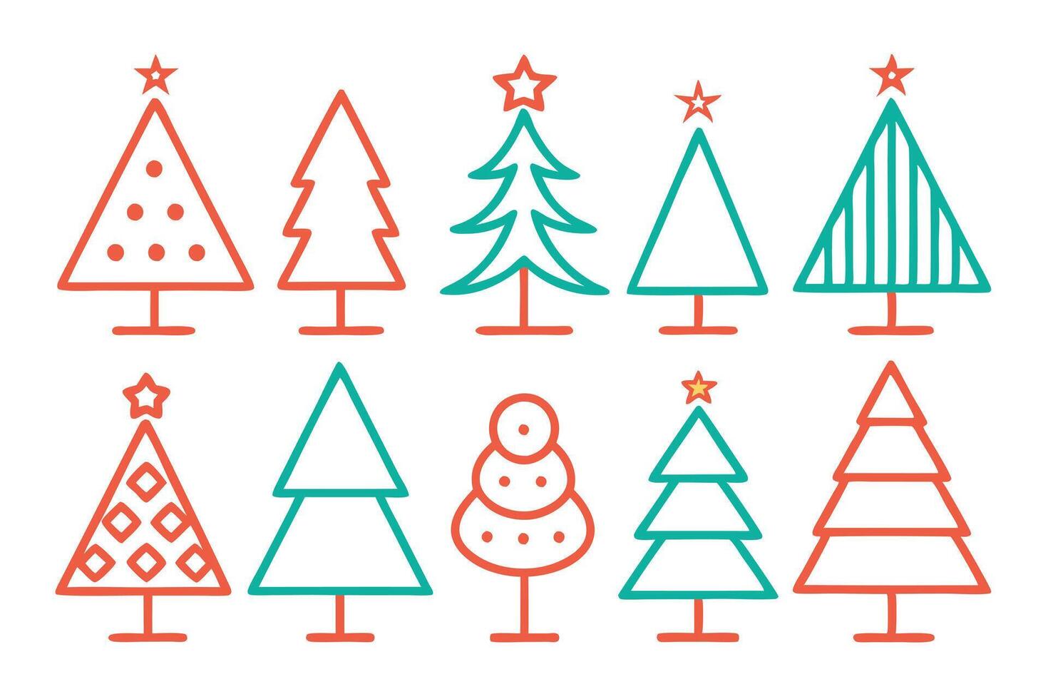 Collection of Whimsical Christmas Trees with Stars, Simple Outline Design on White vector