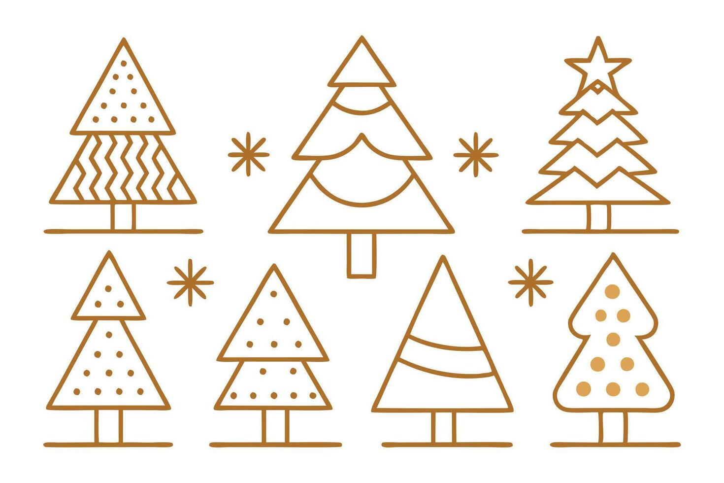 Collection of stylized brown Christmas tree and snowflakes on a white background vector