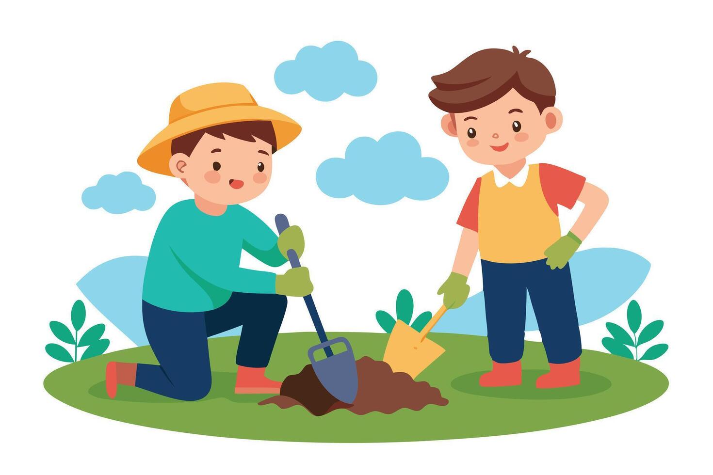 Cartoon Boys Gardening Soil with Tools in Garden on White Background vector