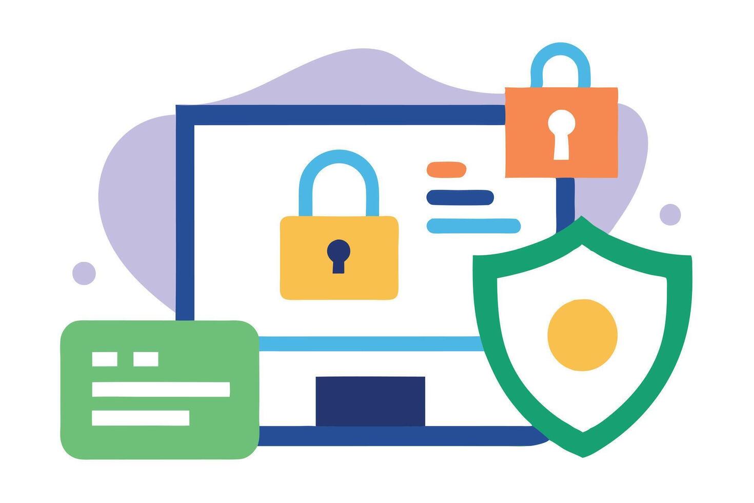 Computer Display with Locks and Shield Isolated on White Background Flat Design vector