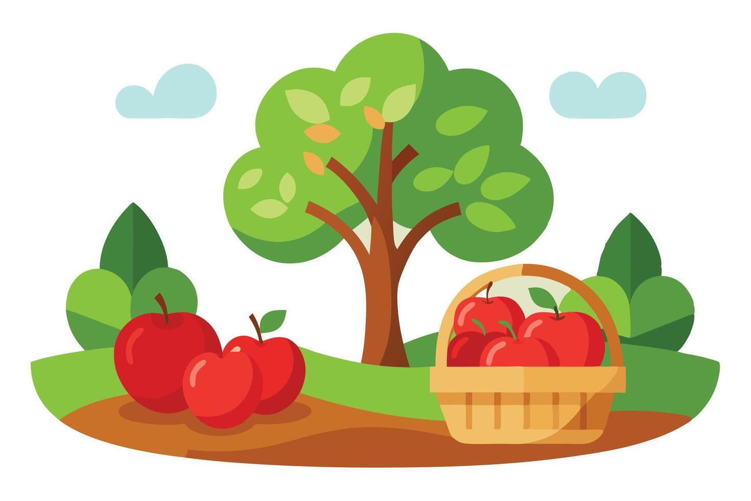 Cartoon Orchard Landscape with Ripe Apples in Wicker Basket on White Background vector