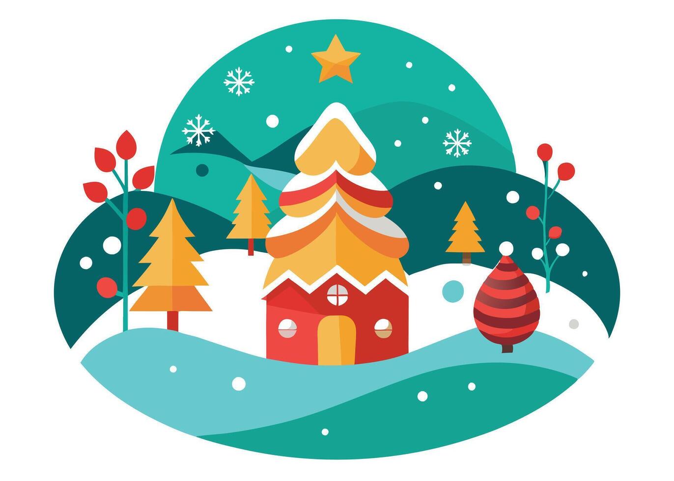 Winter Trees with Cottage and Berry Branches, Colorful Christmas Landscape vector