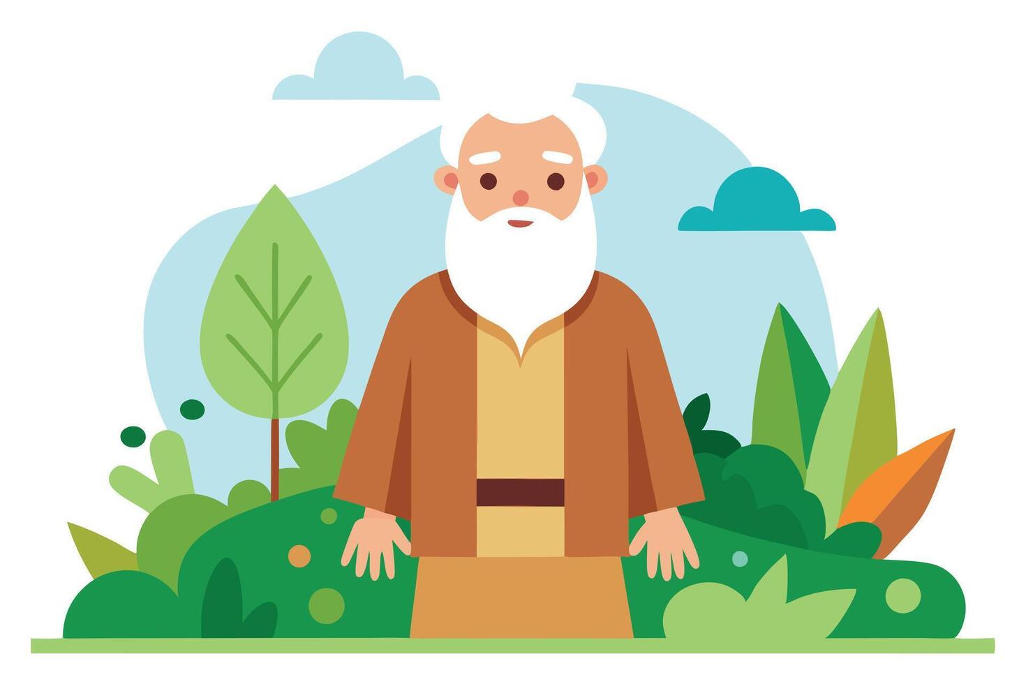Cartoon Old Man with White Beard Flat with Nature Elements vector