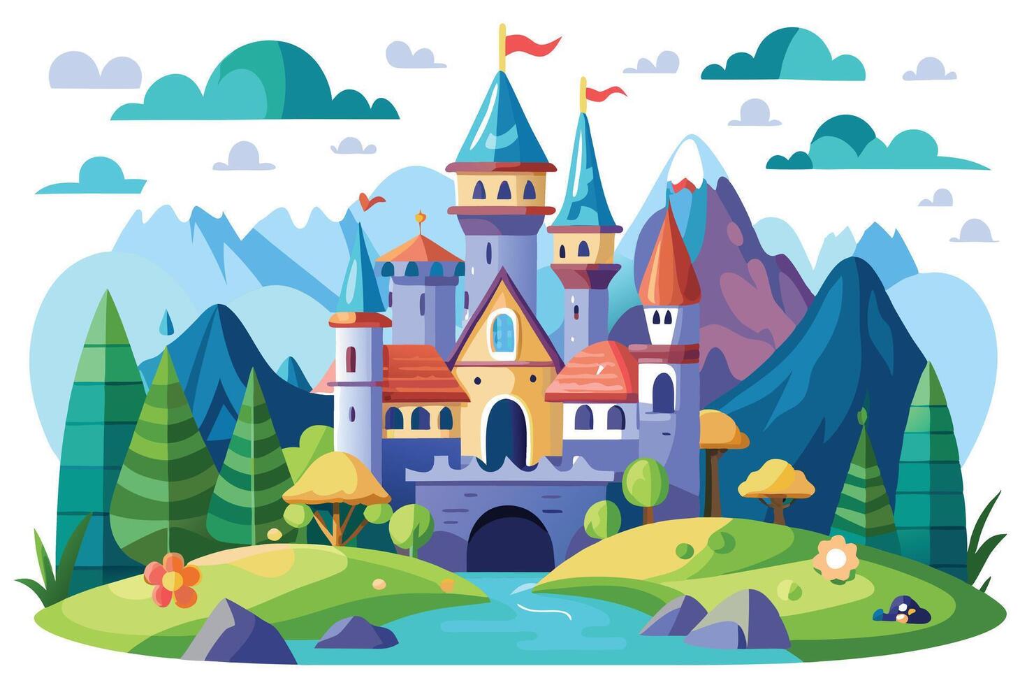 Cartoon Fairytale Castle with Mountain Landscape and Colorful Trees vector