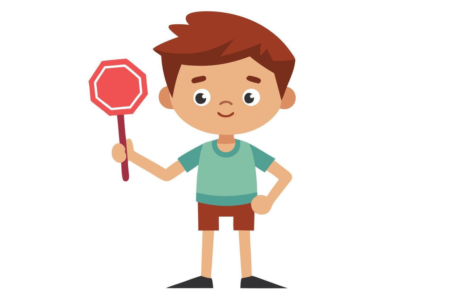 Cheerful Boy Holding a Stop Sign in Cartoon Style With a White Background vector