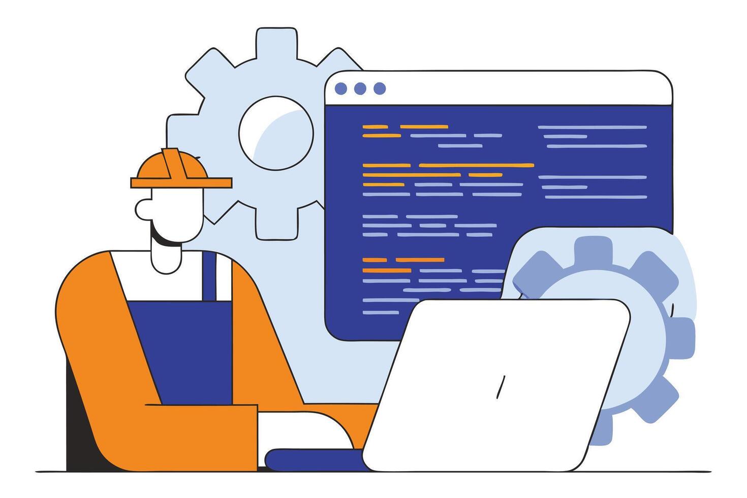 Cartoon Engineer Character with Laptop, Orange Helmet, Blue Overalls, Gears, and Code vector