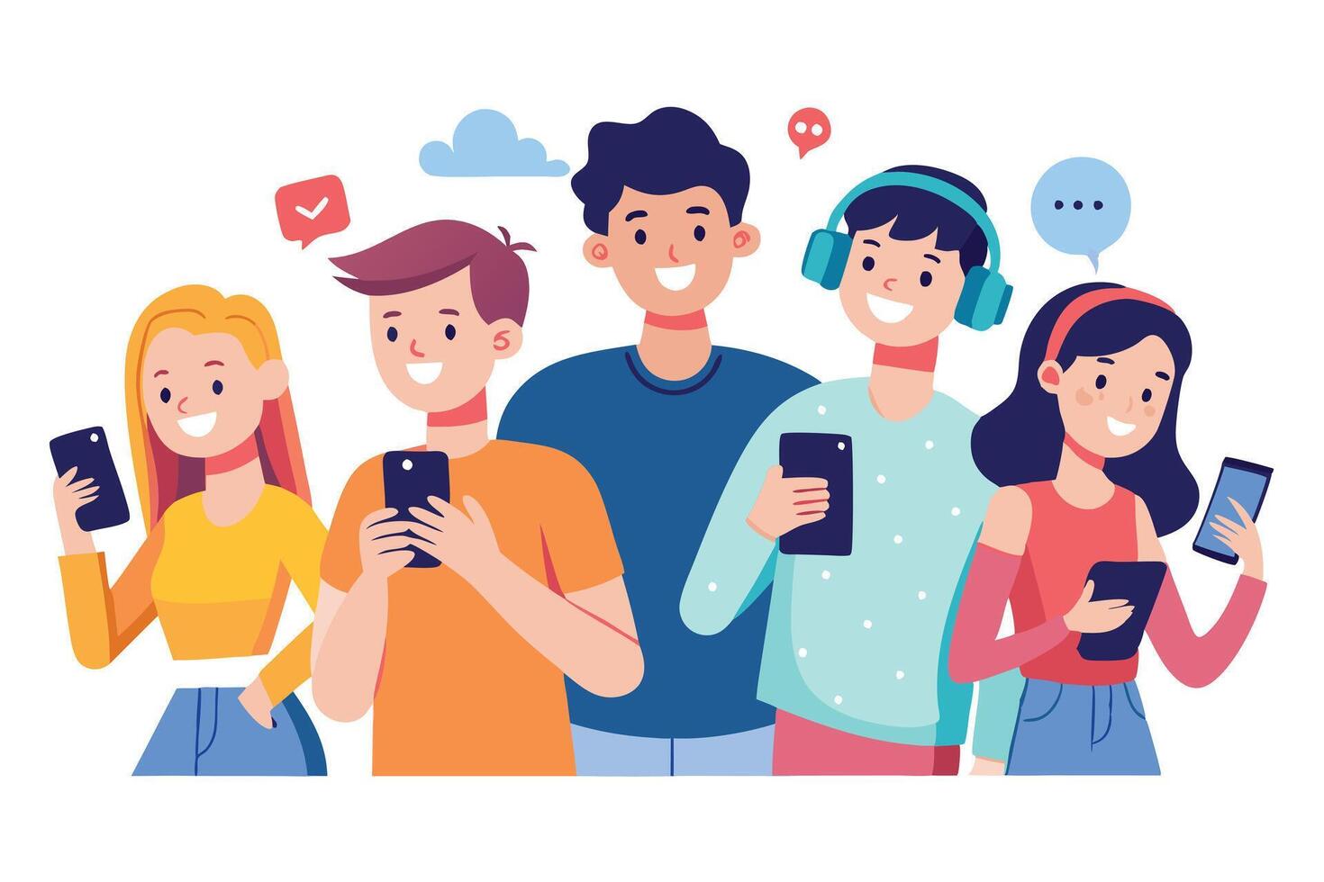 Diverse Flat Design Group of Young People with Smartphones on White Background vector