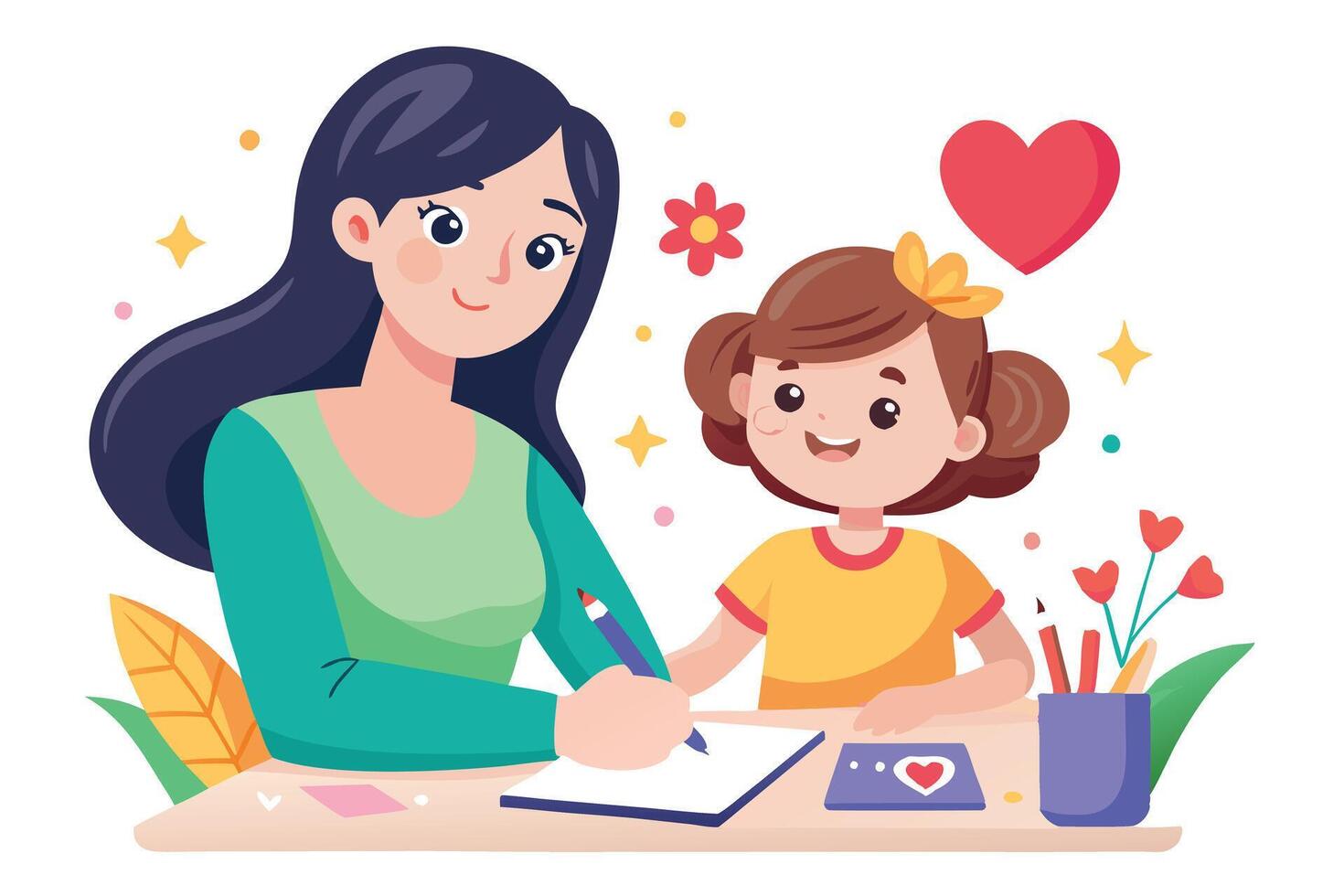 Mother and daughter crafting heart on white paper flat style design vector
