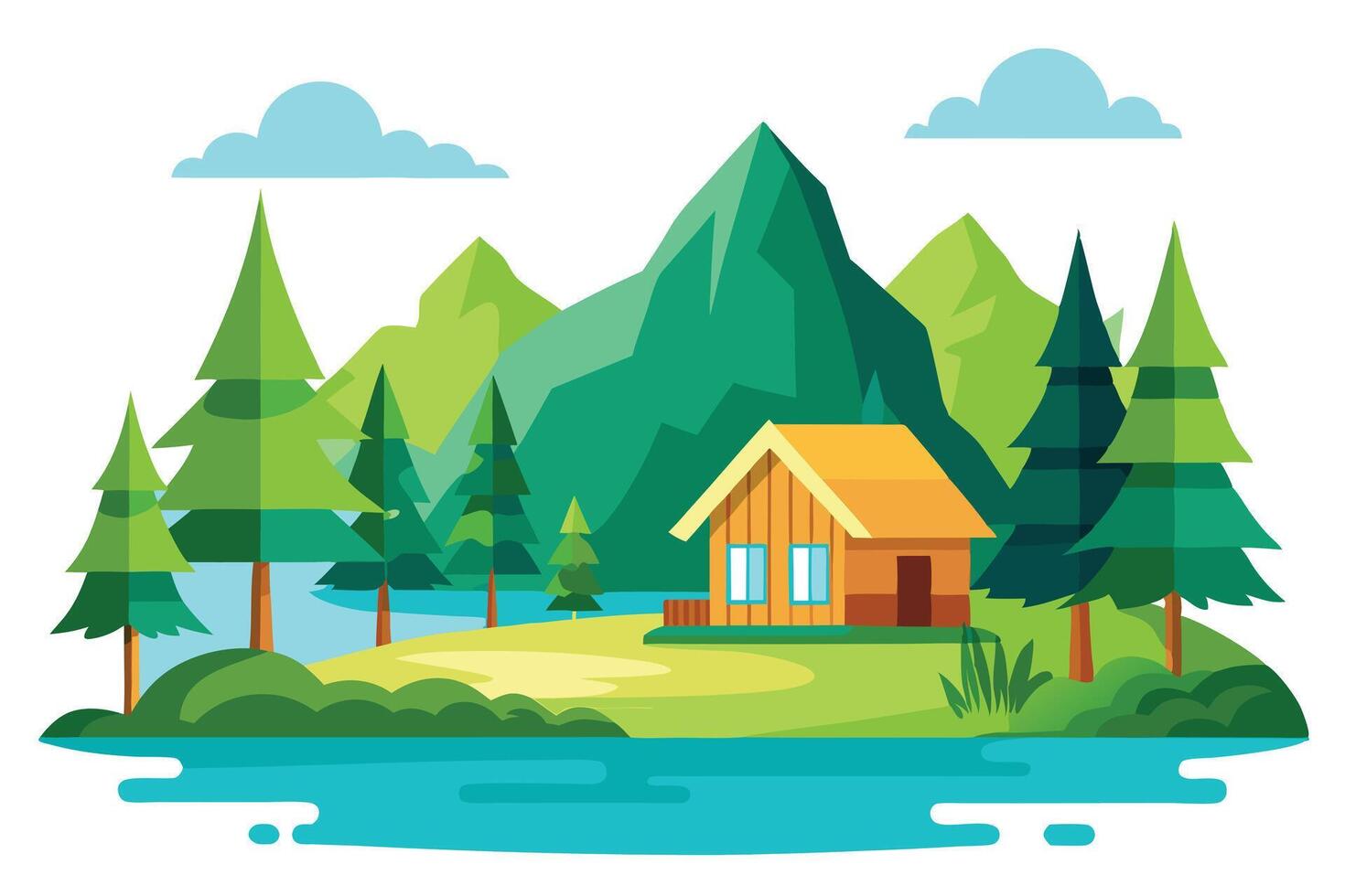 Cabin by Lake with Mountain View, Flat Design, Summer Trees, Vacation, vector