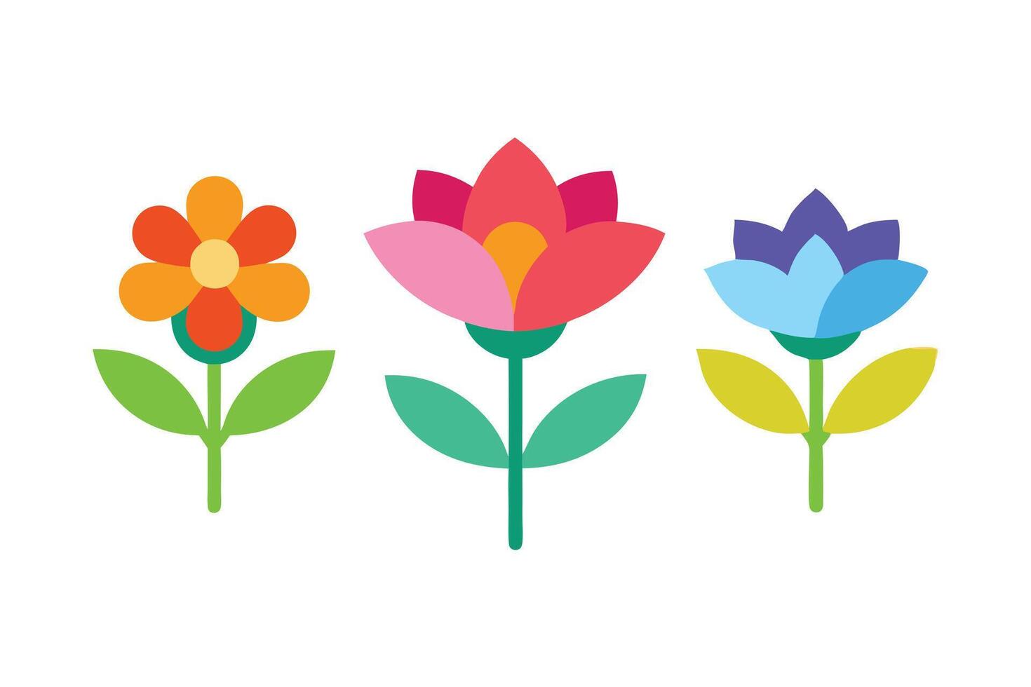 Cute Flat Design Floral Set Orange, Pink, Blue Flowers on White Background vector