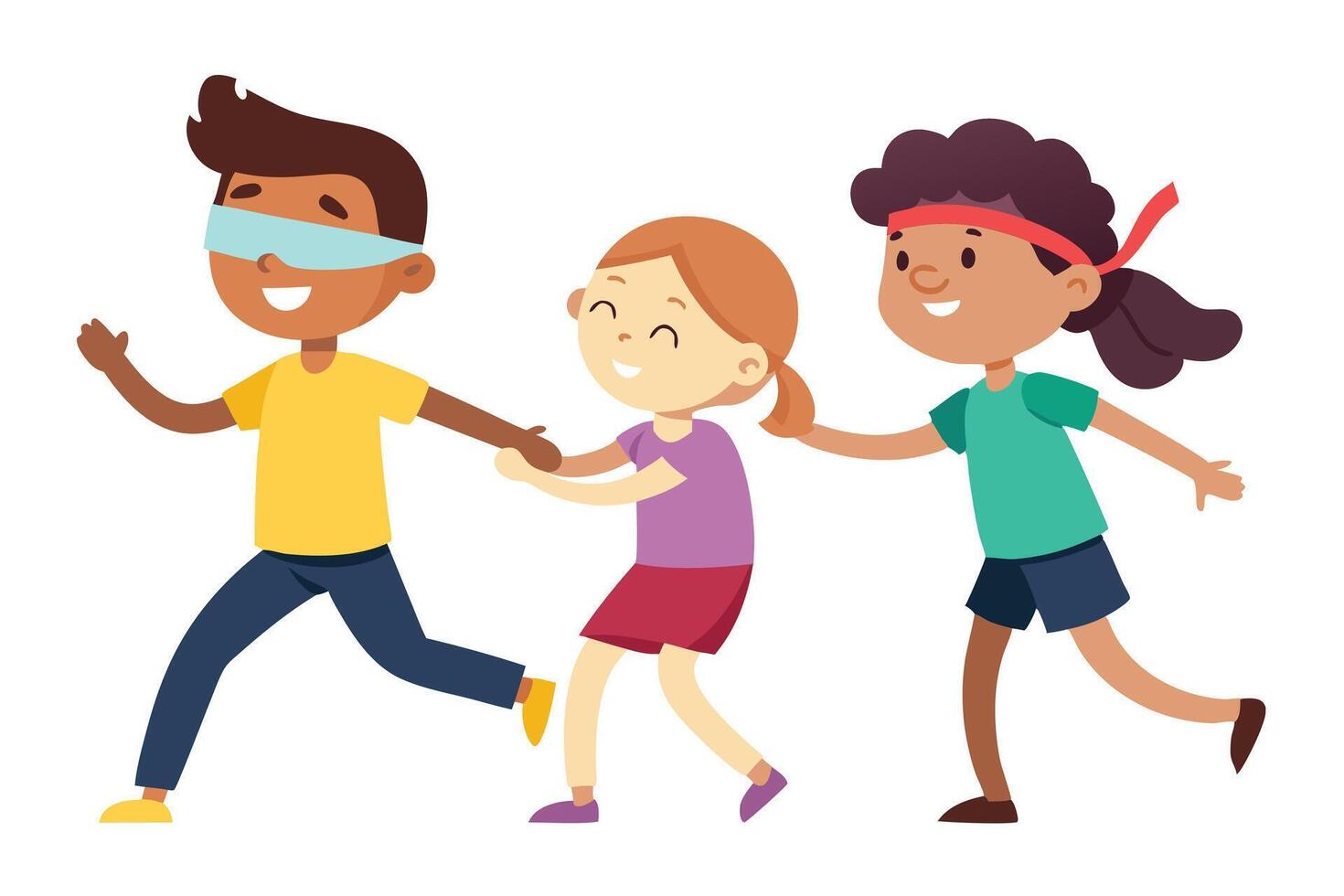 Cartoon Kids Playing Blind Mans Bluff Guiding Each Other on White Background vector