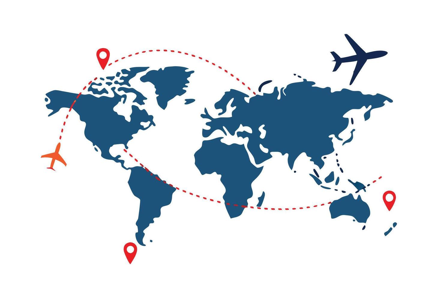 World Map with Airplanes and Route Path, on White Background vector