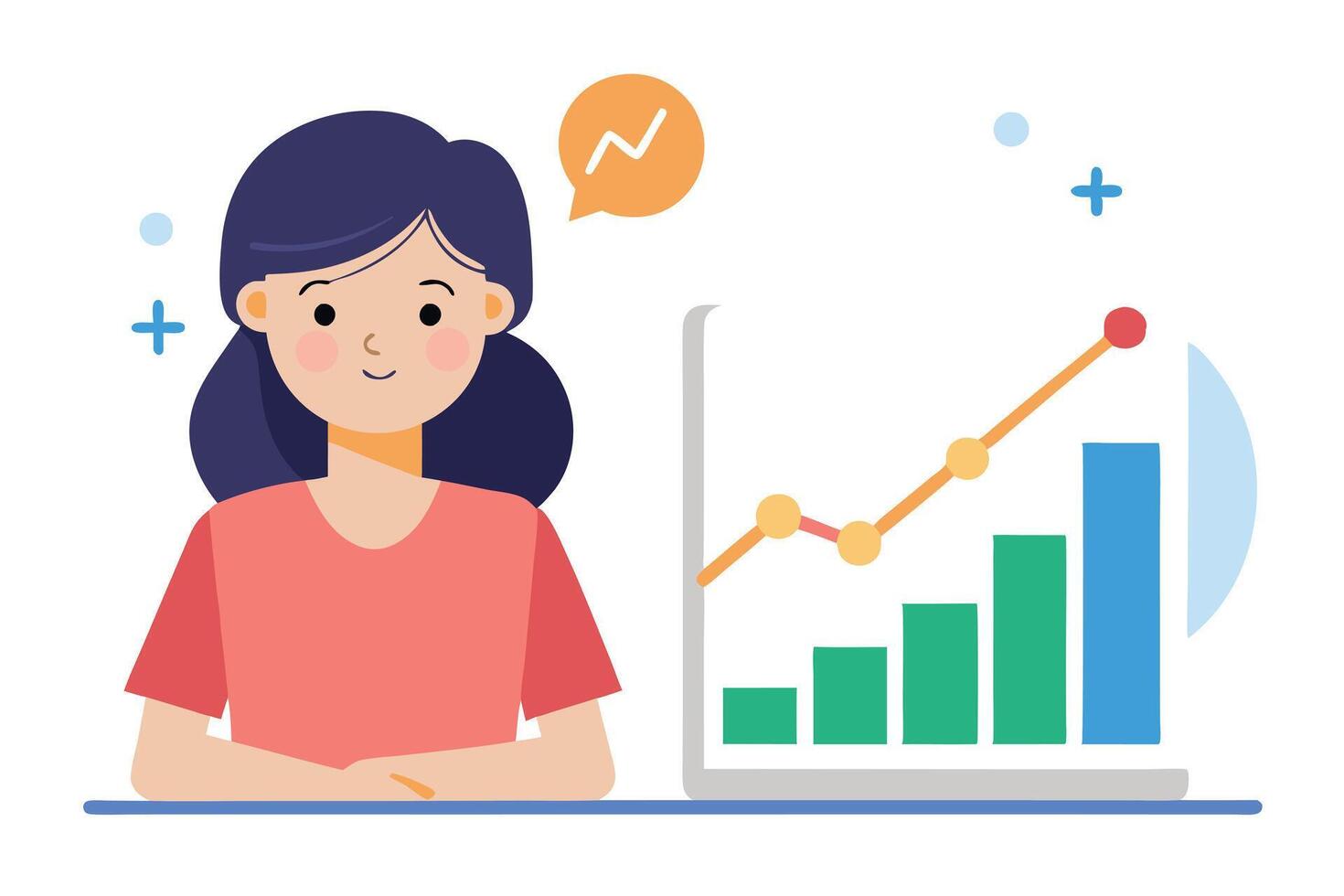 Cheerful Woman with Growth Chart Graph Displaying Positive Business Trend vector