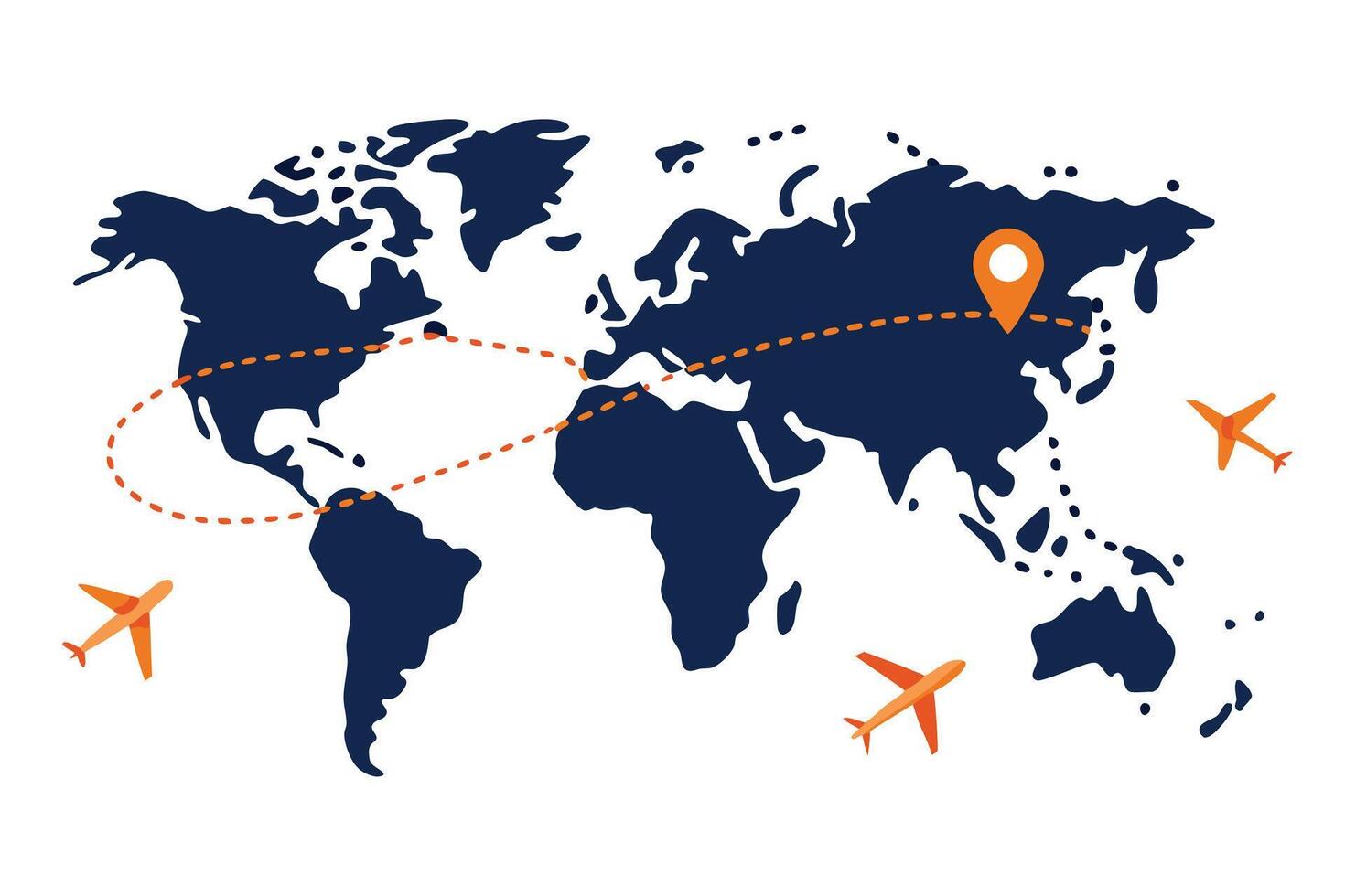 World map with route, orange airplanes and location pin on transparent background vector
