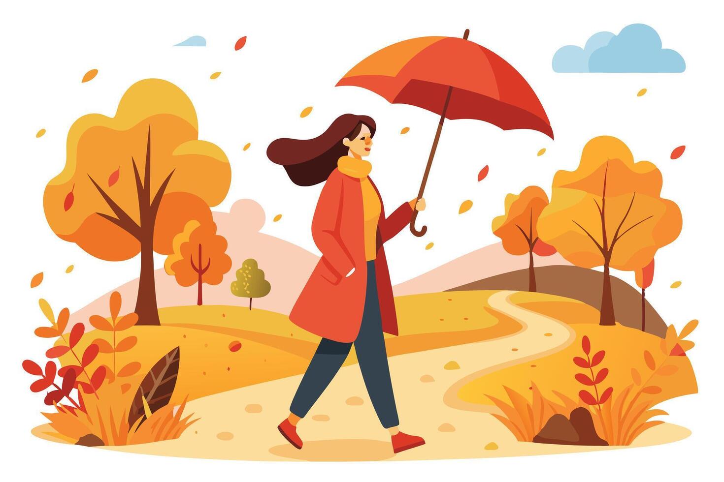 Woman with Umbrella Walking in Autumn Park Flat on White Background vector