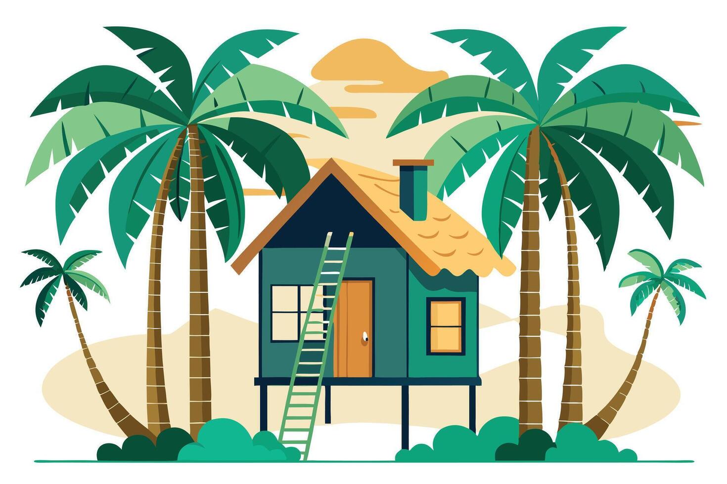 Tropical House with Palms, Ladder and Green Bushes on a White Background Flat Style vector