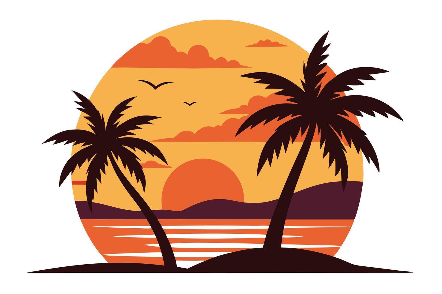 Tropical Palm Trees with Sunset Sky and Birds, Silhouette Design vector