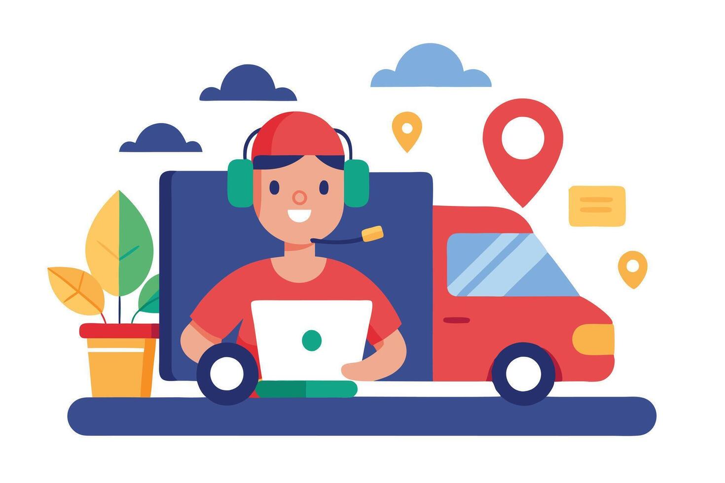 Flat Design Boy with Headset Using Laptop near a Red Van and Potted Plant vector