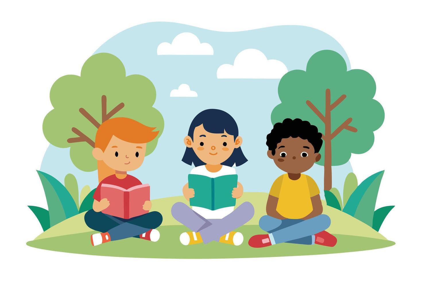 Cartoon Diverse Children Reading in Park Flat Design Colorful vector