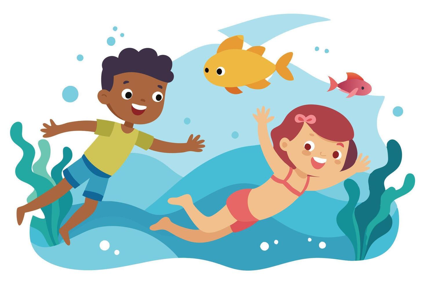 Cartoon Swimming Kids with Fish, Seaweed Underwater Fun vector