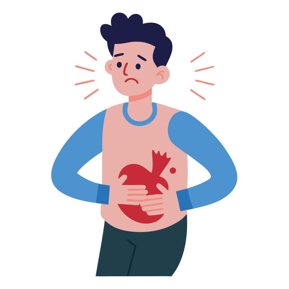 Cartoon Man Clutches Red Stomach Ache Organ on White Background, Discomfort vector