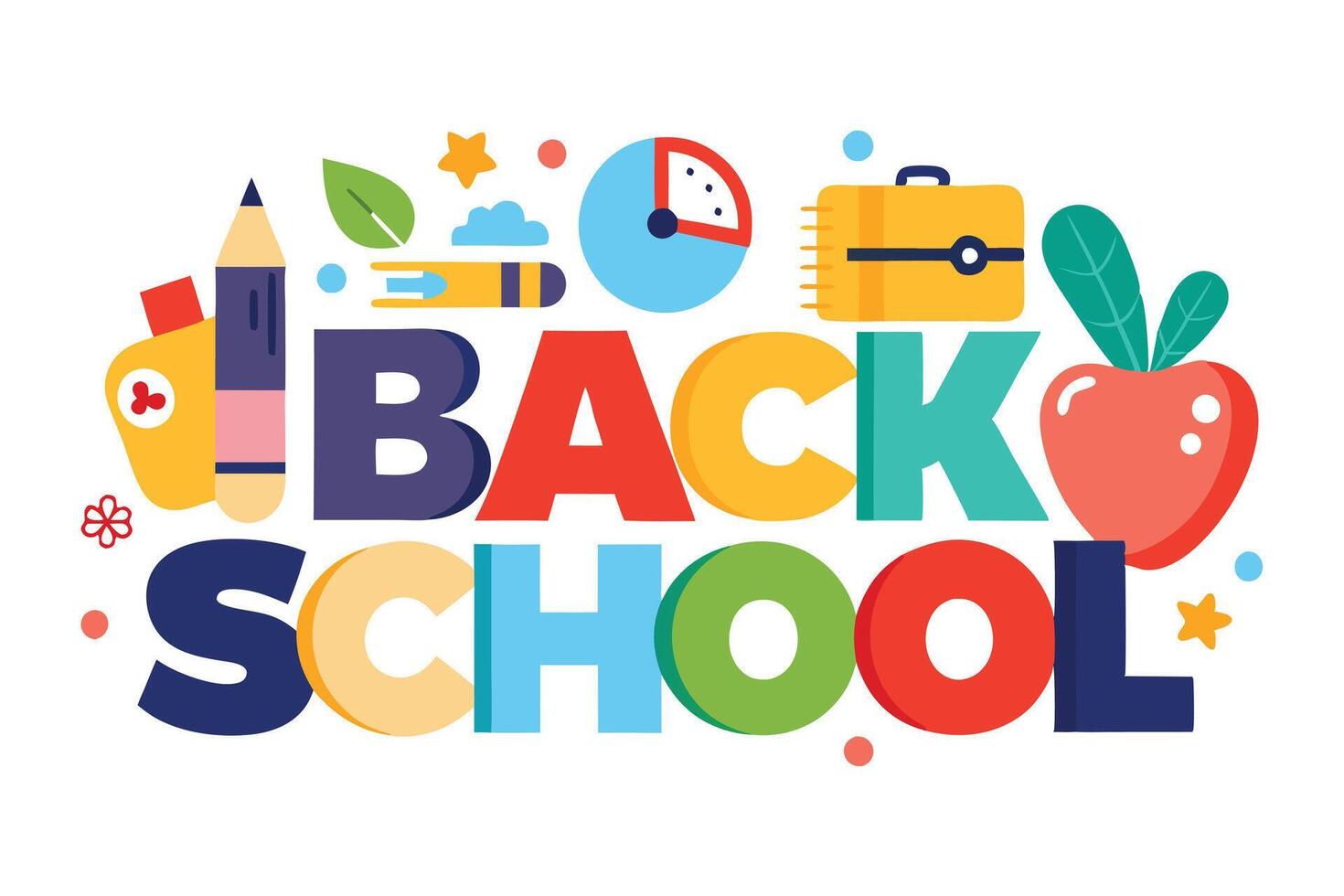 Colorful Back to School Design Featuring Pencil, Apple, Clock, Briefcase on White vector