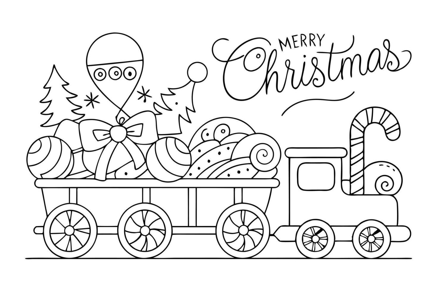 Merry Christmas Train, Christmas Ornaments, Trees and Candy Cane on White Background vector