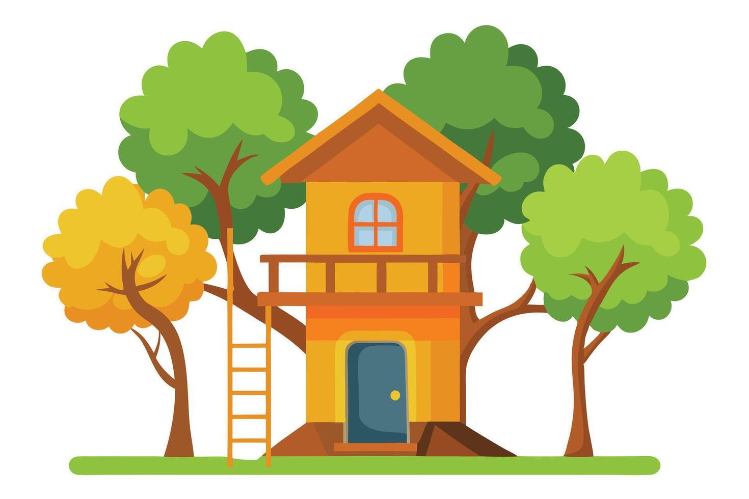 Fun Treehouse Structure Surrounded By Green and Yellow Leaf Trees, Flat Design vector