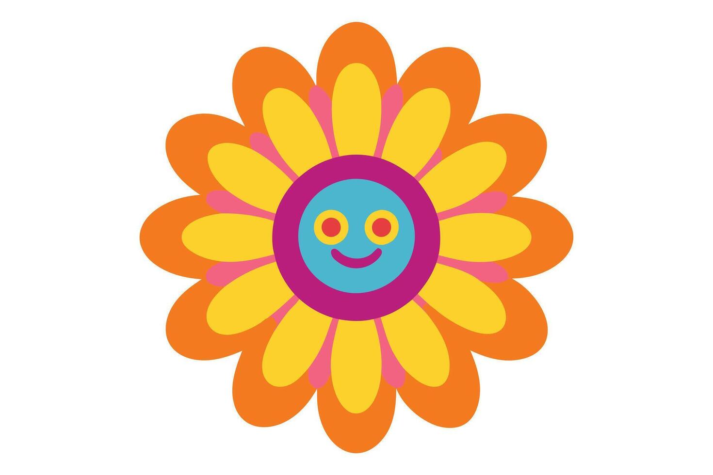 Cheerful Multicolor Flower Cartoon with Smiling Face and White Background vector