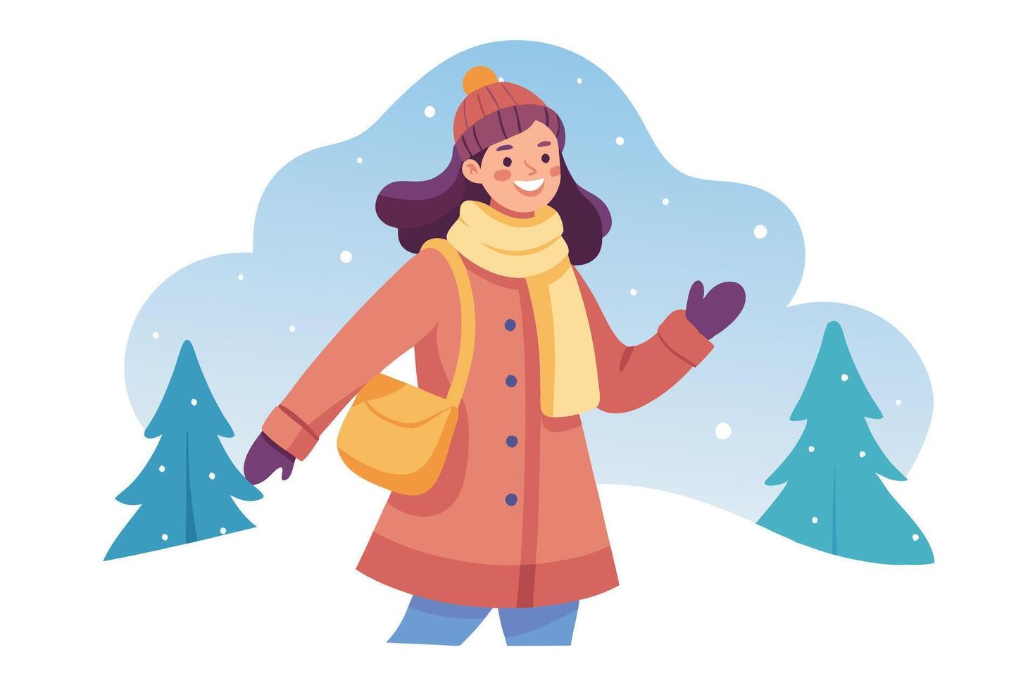 Cartoon Young Woman in Winter Coat, Scarf and Hat Walking in Snow Landscape vector
