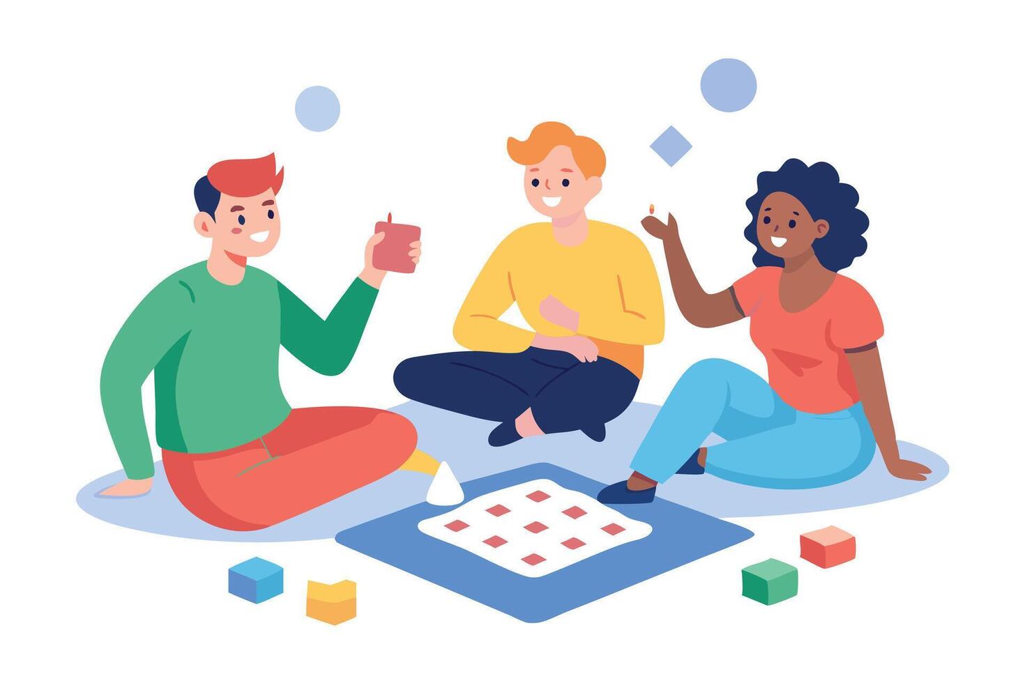 Diverse Friends Enjoying Table Game, Colorful Blocks on Transparent Background vector