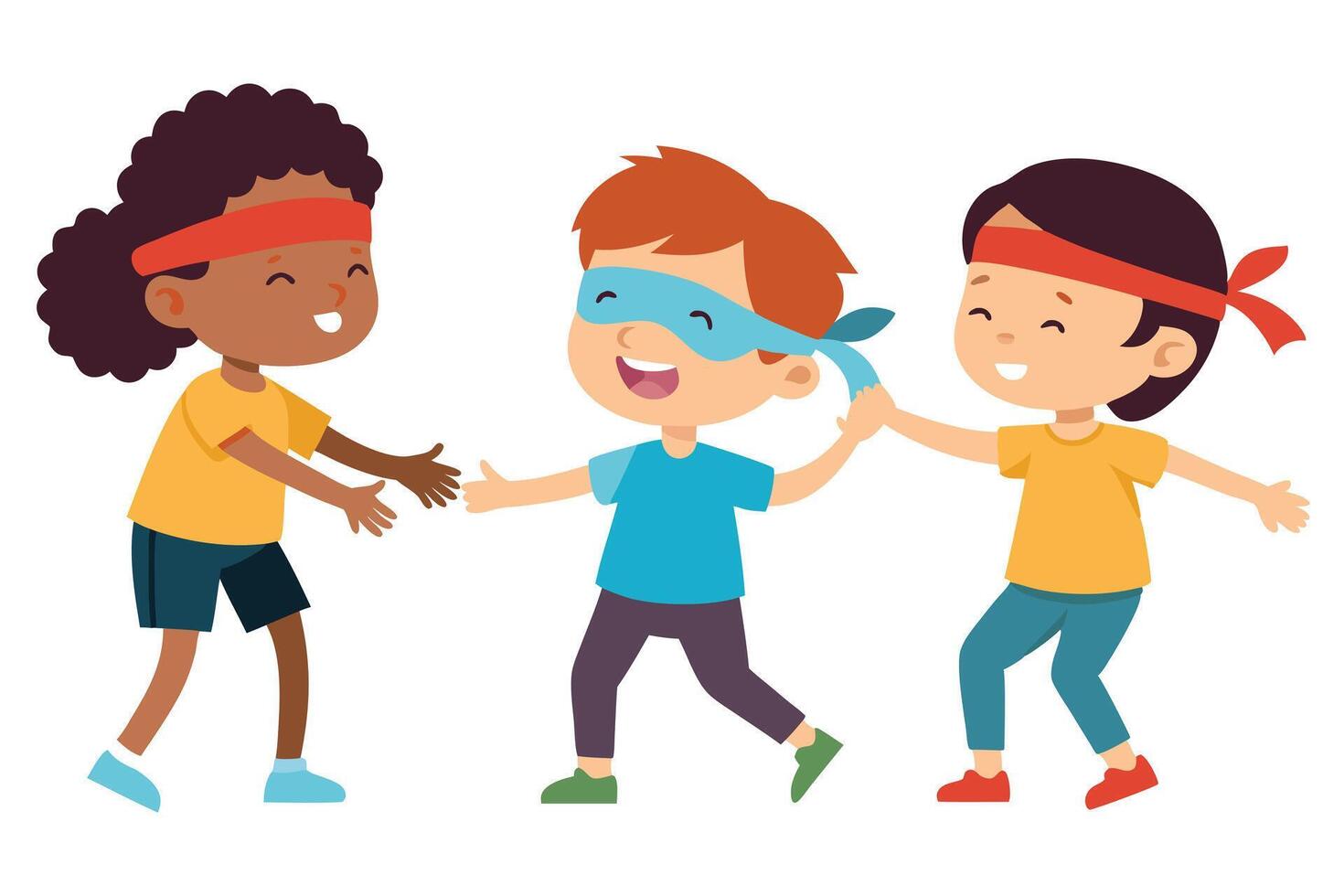 Three Cartoon Diverse Kids Playing Together on White Background, Blindfolded Child vector