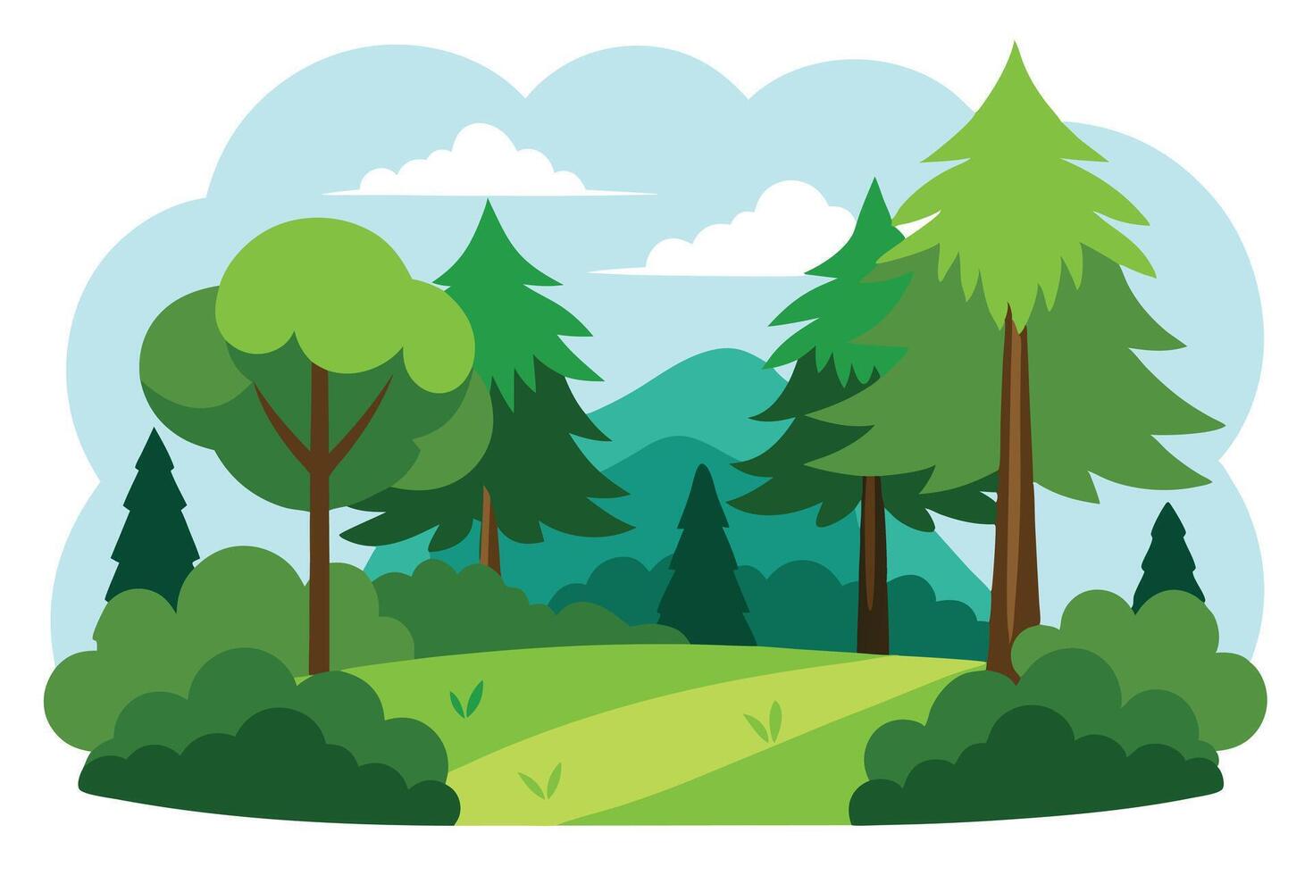 Forest Landscape with Green Trees, Shrubs, Mountains and Sky in Flat Style vector