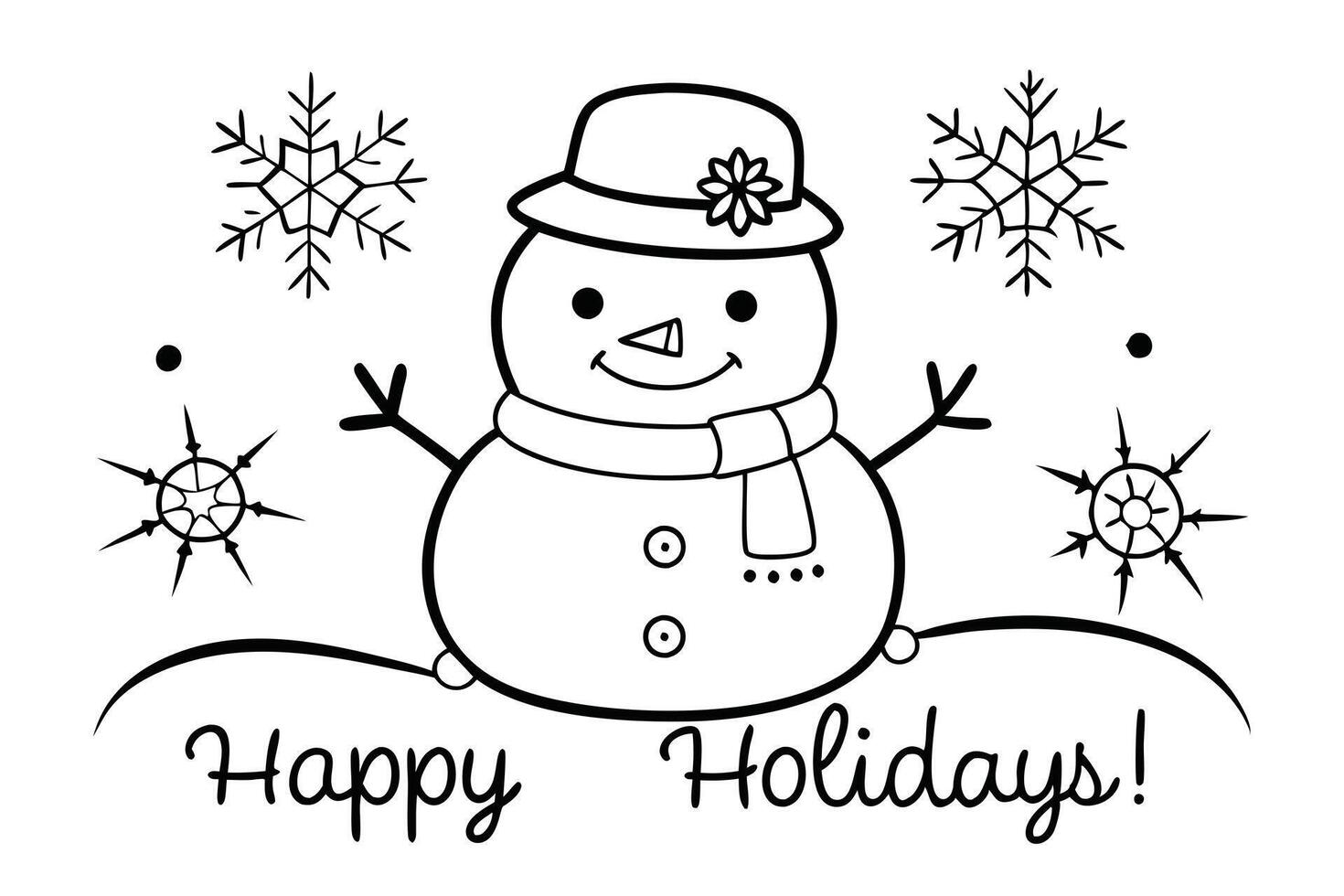 Holiday Snowman with Hat and Snowflakes on White Background, Festive Season vector