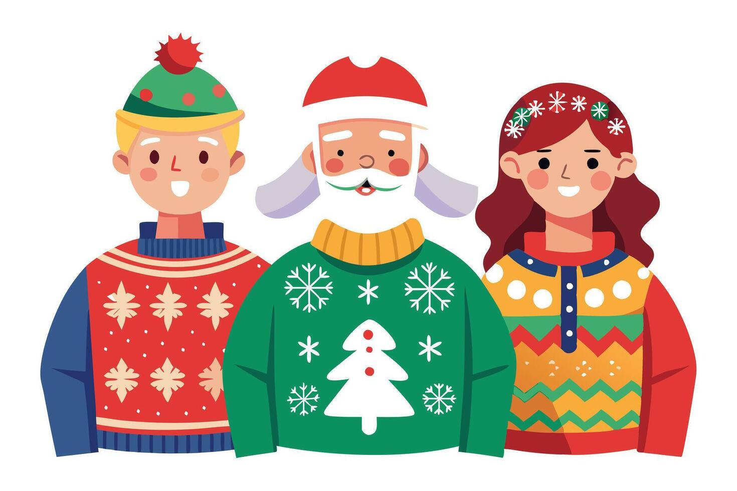 Group Wearing Ugly Christmas Sweaters with Snowflakes and Festive Holiday Patterns vector