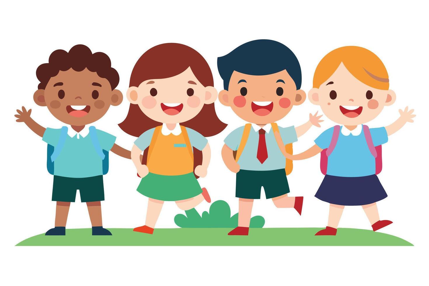 Cheerful Cartoon Pupils with Backpacks Waving, Multicultural Students on Green Field vector