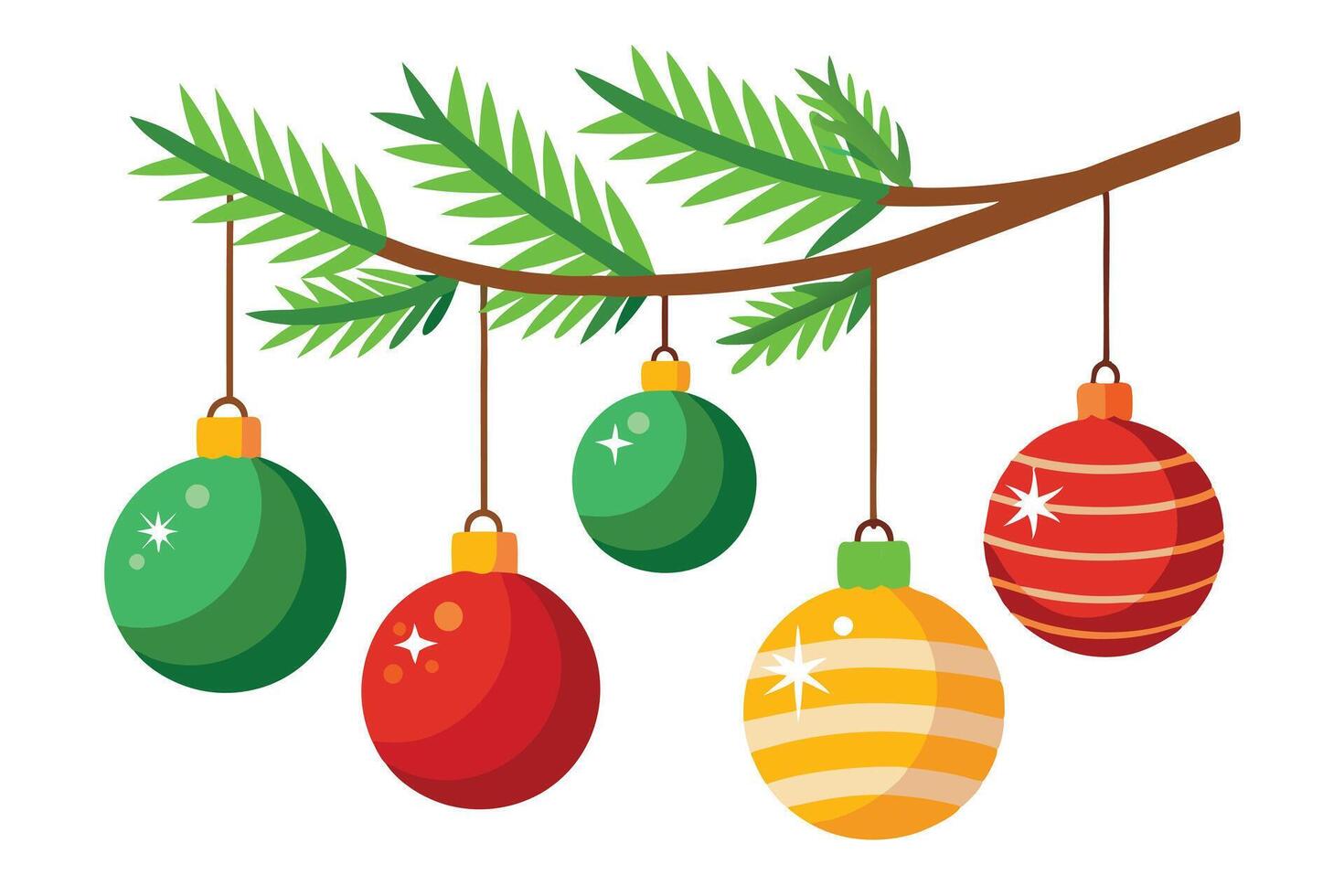 Holiday Pine Branch with Ornaments, Yellow, Green, and Red Decoration on White vector