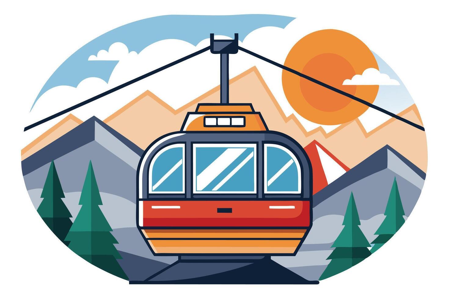 Gondola in Flat Design with Mountain Landscape Pine Trees and Sun on White Background vector