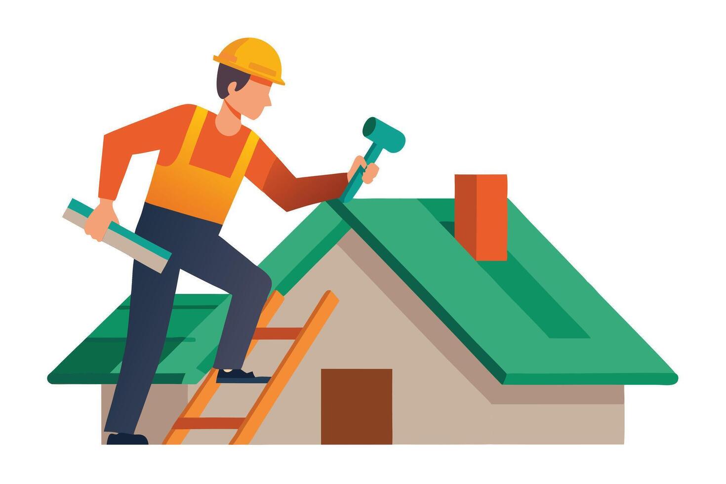 Home Roofing Repairman on Ladder with Hammer Fixing Roof against White Background vector