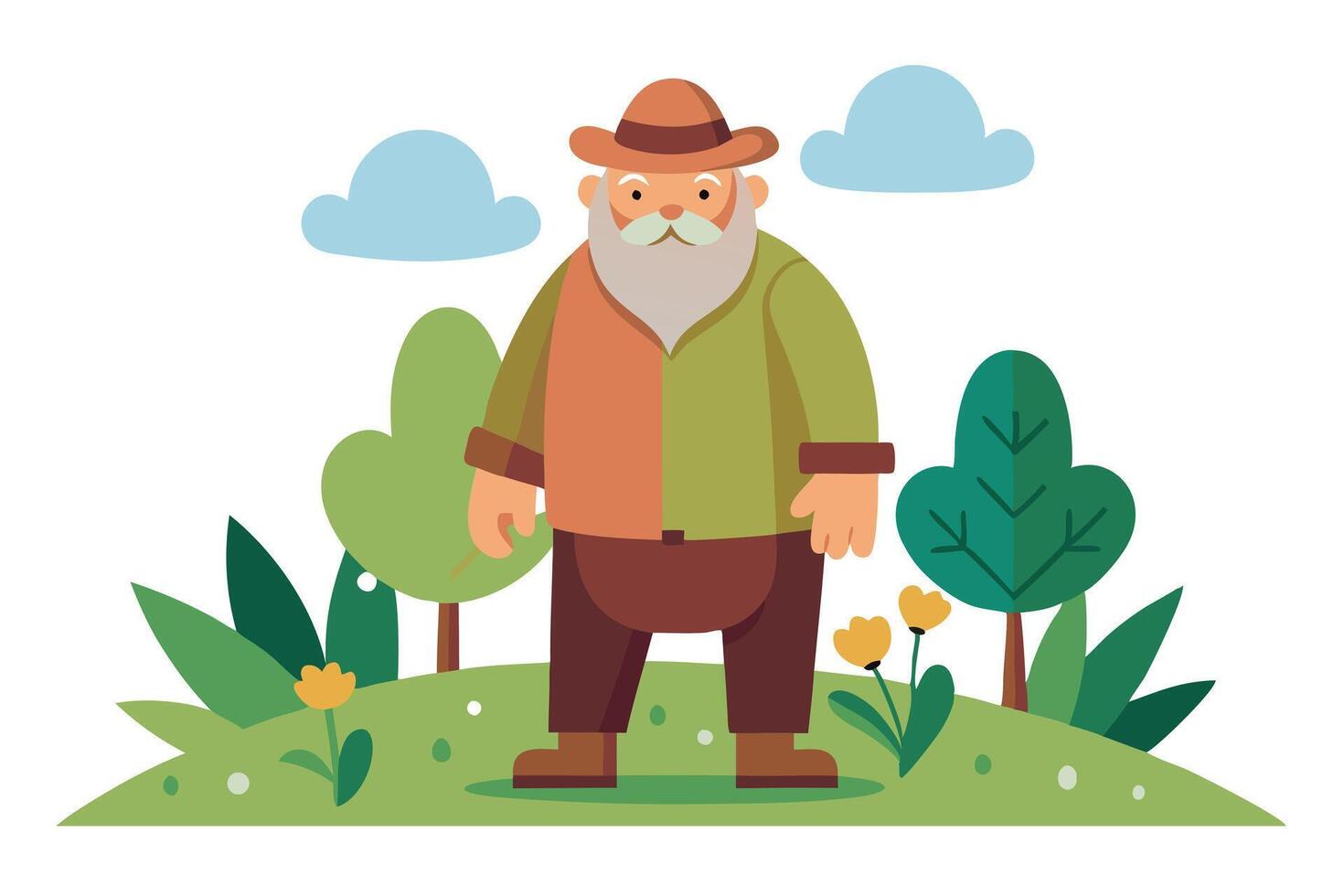 Cartoon Flat of Old Gardener Man with Beard in Nature Background vector