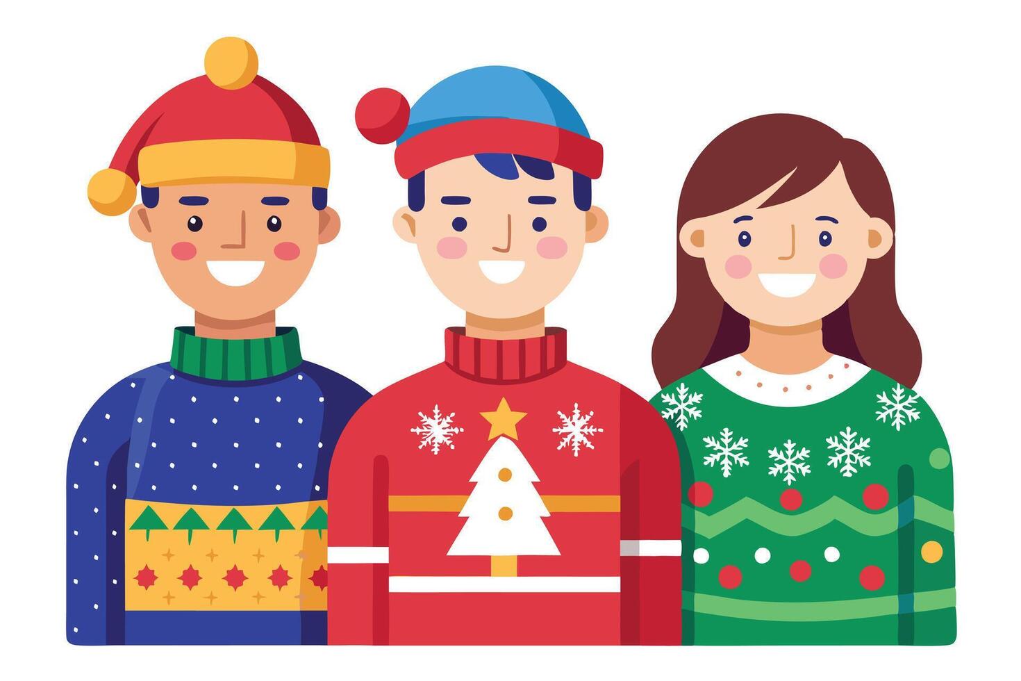 Cartoon Group in Christmas Sweaters, Festive Holiday Celebration, Cheerful and Smiling Faces vector