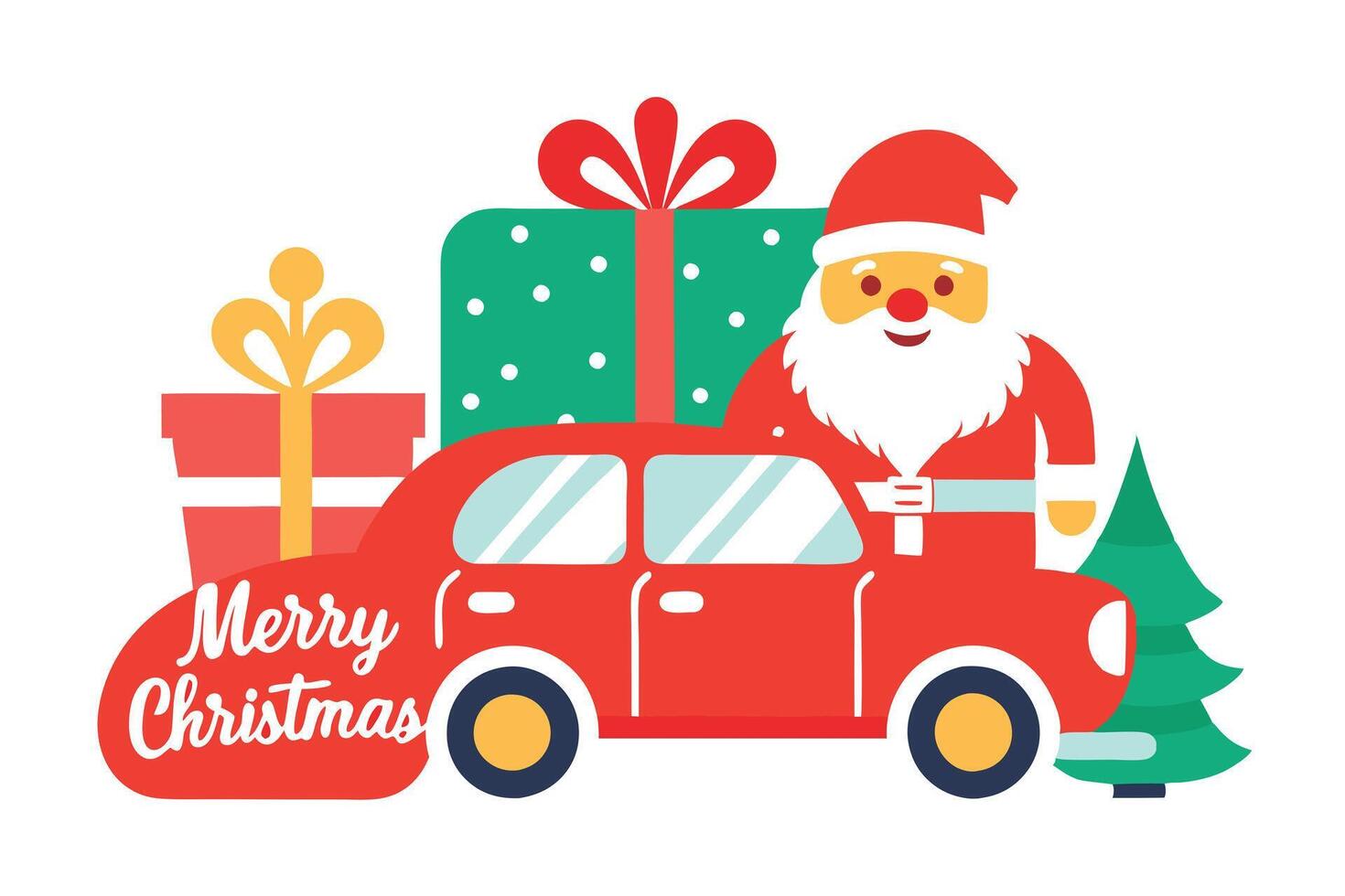 Flat Santa with Car, Gifts, and Christmas Tree. Festive Holiday vector