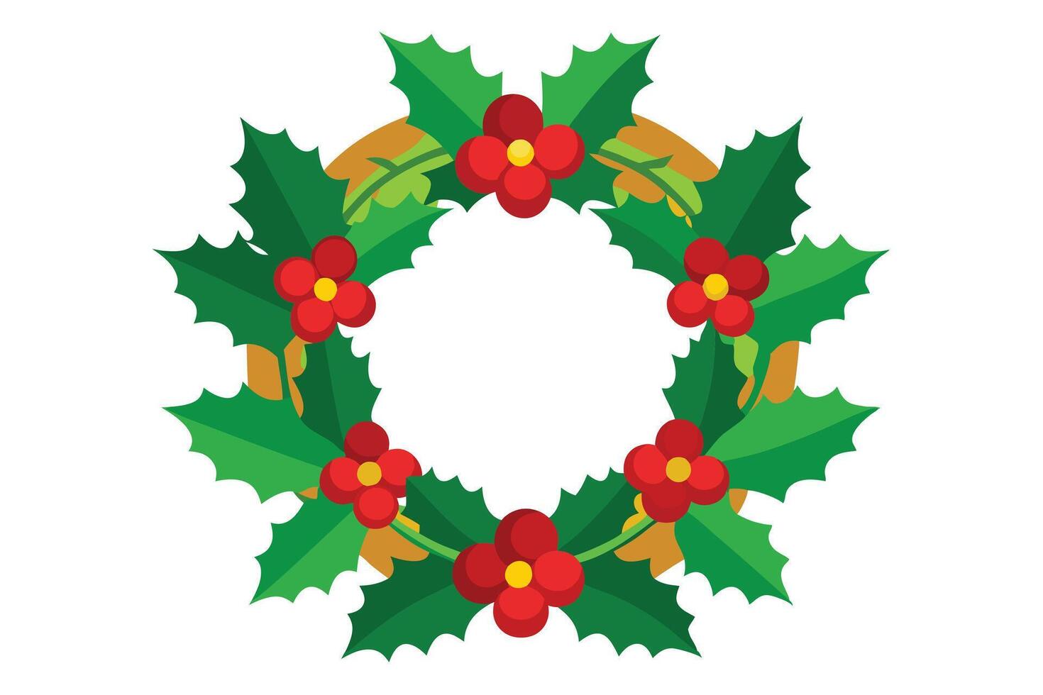 Flat Design Holly Wreath with Red Flowers and Green Leaves on Transparent Background vector