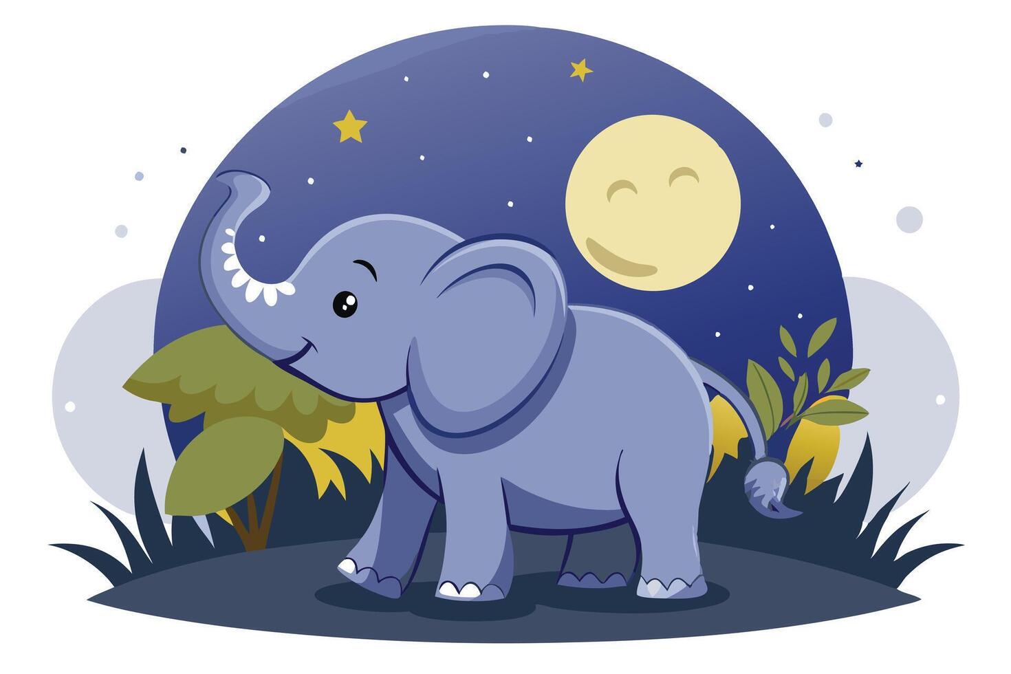 Smiling Cartoon Elephant in Moonlight Landscape with Stars and Grass vector
