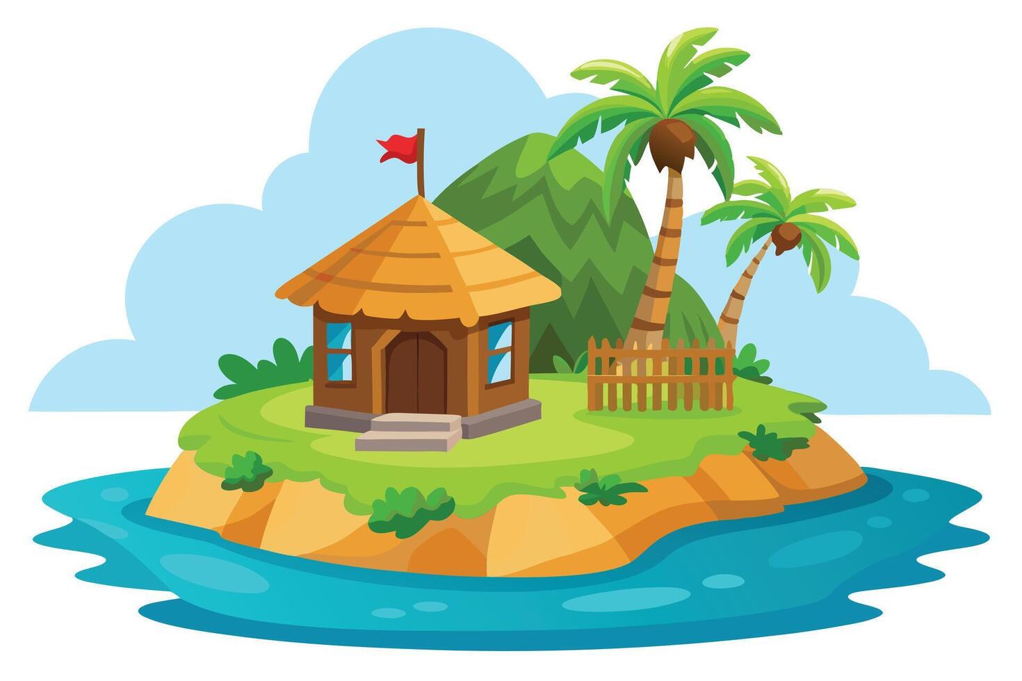 Island Hut with Palm Trees and Mountains, Isolated on White Background vector
