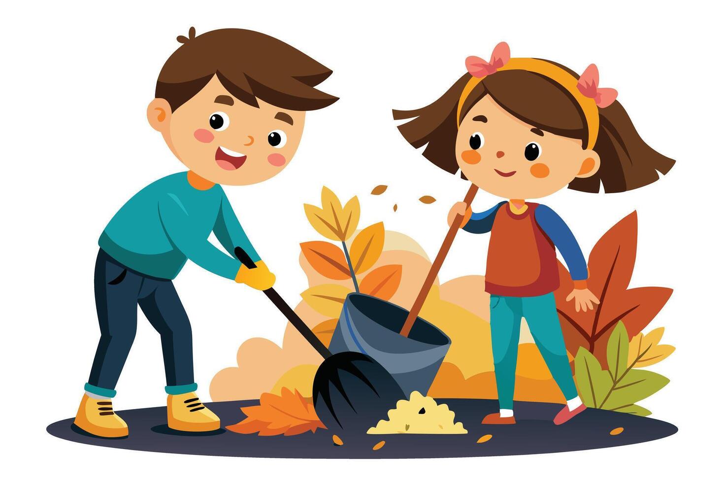 Cartoon Kids Raking Leaves in Autumnal with Bucket and Leaf Piles vector