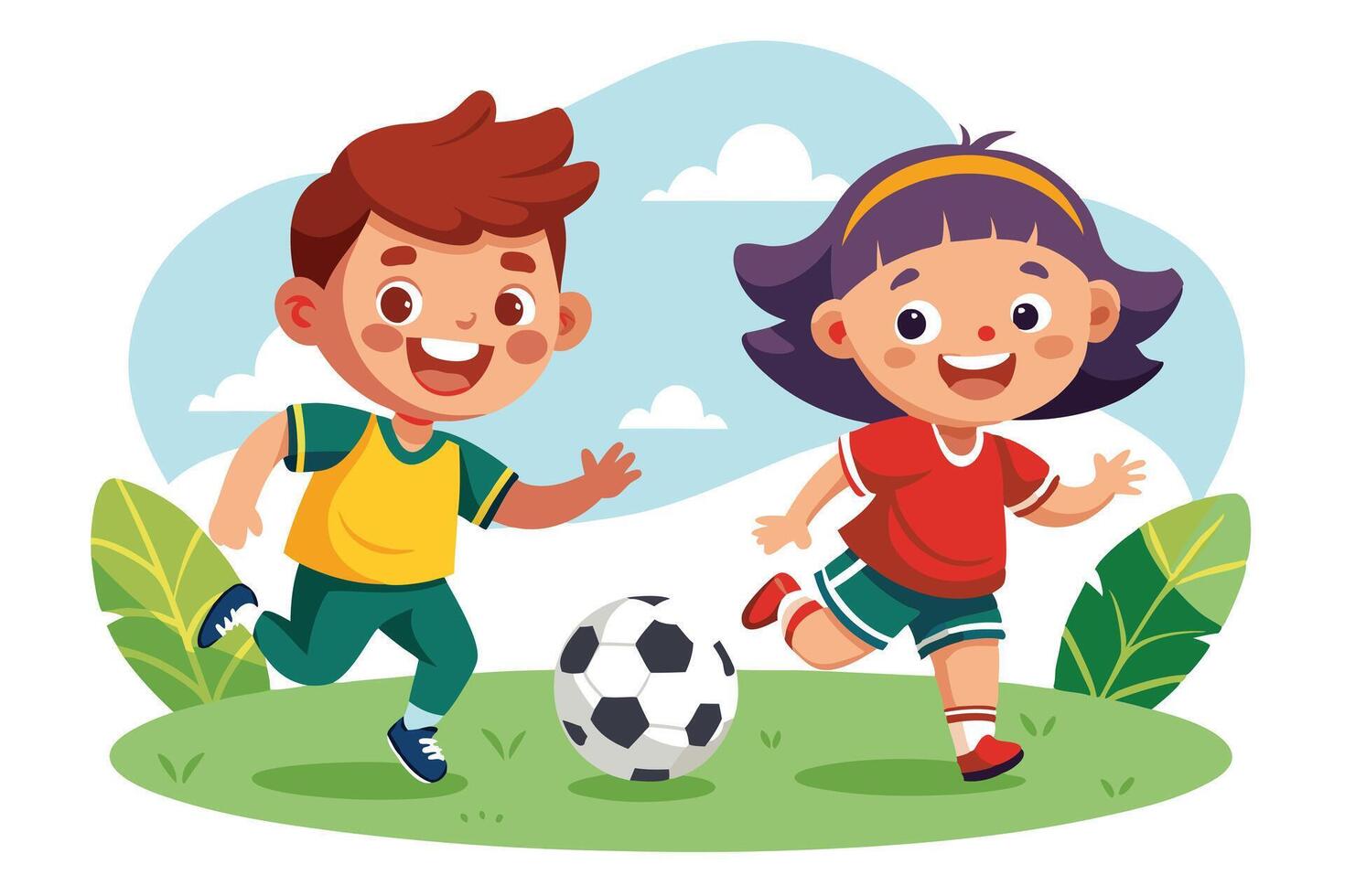 Joyful Kids Playing Football Game Outdoors Flat With White Background vector