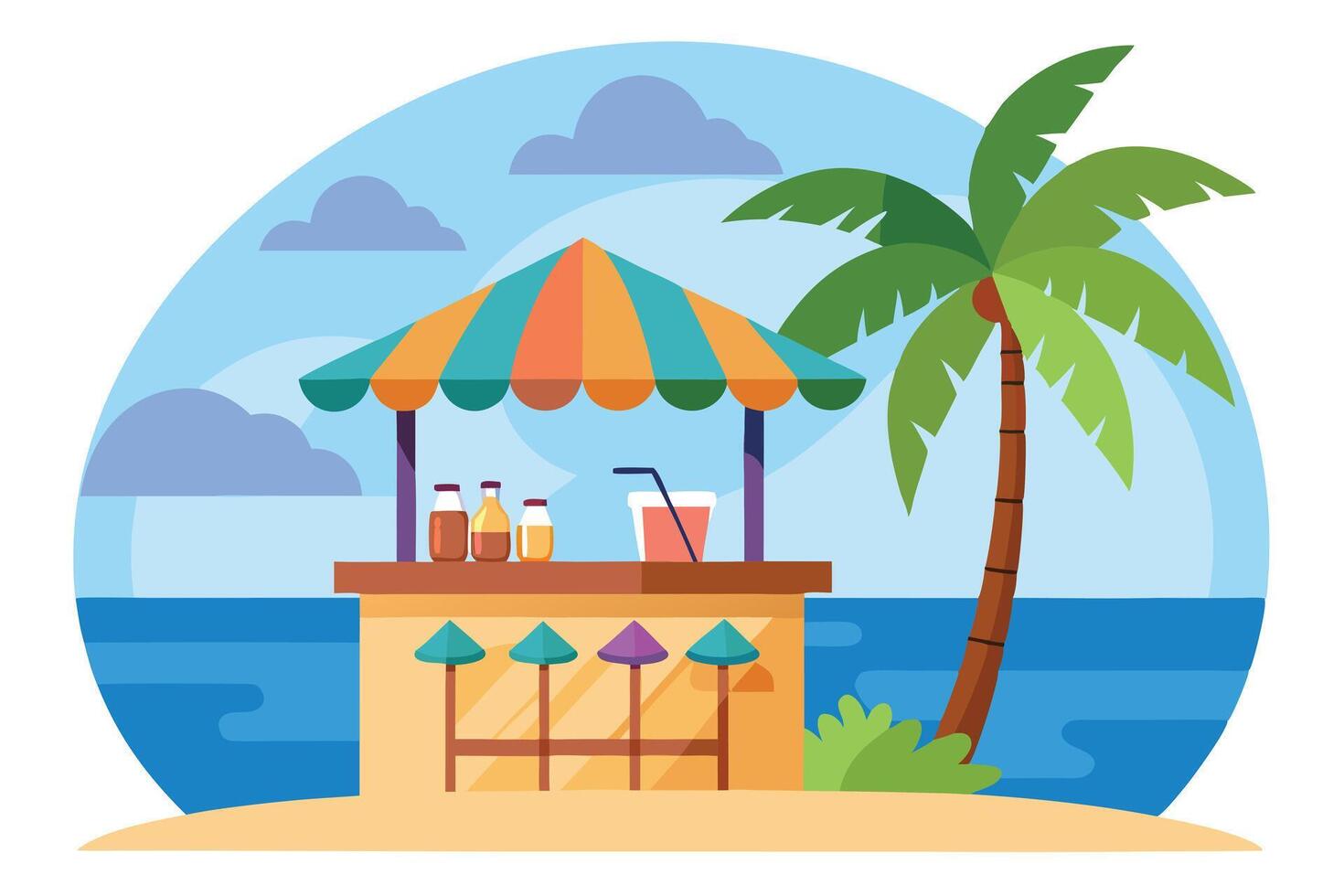 Beach Bar with Palm Tree, Sea, Tropical Drink, and Striped Awning vector